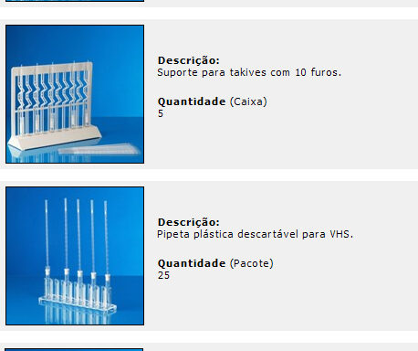 Pipetas plásticas e suporte plástico para VHS